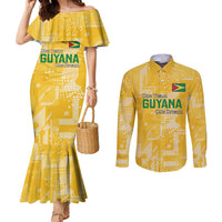 Custom Guyana Football Couples Matching Mermaid Dress and Long Sleeve Button Shirt One Team One Game Yellow Version - Wonder Print Shop