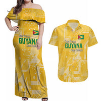 Custom Guyana Football Couples Matching Off Shoulder Maxi Dress and Hawaiian Shirt One Team One Game Yellow Version - Wonder Print Shop