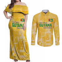 Custom Guyana Football Couples Matching Off Shoulder Maxi Dress and Long Sleeve Button Shirt One Team One Game Yellow Version - Wonder Print Shop