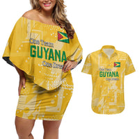Custom Guyana Football Couples Matching Off Shoulder Short Dress and Hawaiian Shirt One Team One Game Yellow Version - Wonder Print Shop