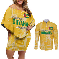 Custom Guyana Football Couples Matching Off Shoulder Short Dress and Long Sleeve Button Shirt One Team One Game Yellow Version - Wonder Print Shop