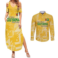 Custom Guyana Football Couples Matching Summer Maxi Dress and Long Sleeve Button Shirt One Team One Game Yellow Version - Wonder Print Shop