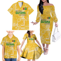 Custom Guyana Football Family Matching Off The Shoulder Long Sleeve Dress and Hawaiian Shirt One Team One Game Yellow Version - Wonder Print Shop