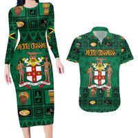 Personalized Jamaica Christmas Couples Matching Long Sleeve Bodycon Dress and Hawaiian Shirt Coat Of Arms - Merri Crissmuss - Wonder Print Shop