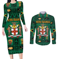 Personalized Jamaica Christmas Couples Matching Long Sleeve Bodycon Dress and Long Sleeve Button Shirt Coat Of Arms - Merri Crissmuss - Wonder Print Shop