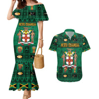 Personalized Jamaica Christmas Couples Matching Mermaid Dress and Hawaiian Shirt Coat Of Arms - Merri Crissmuss - Wonder Print Shop