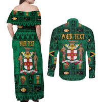 Personalized Jamaica Christmas Couples Matching Off Shoulder Maxi Dress and Long Sleeve Button Shirt Coat Of Arms - Merri Crissmuss - Wonder Print Shop
