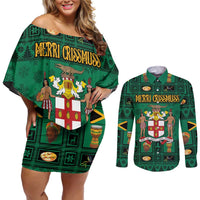 Personalized Jamaica Christmas Couples Matching Off Shoulder Short Dress and Long Sleeve Button Shirt Coat Of Arms - Merri Crissmuss - Wonder Print Shop