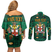 Personalized Jamaica Christmas Couples Matching Off Shoulder Short Dress and Long Sleeve Button Shirt Coat Of Arms - Merri Crissmuss - Wonder Print Shop
