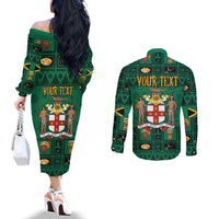 Personalized Jamaica Christmas Couples Matching Off The Shoulder Long Sleeve Dress and Long Sleeve Button Shirt Coat Of Arms - Merri Crissmuss