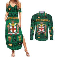 Personalized Jamaica Christmas Couples Matching Summer Maxi Dress and Long Sleeve Button Shirt Coat Of Arms - Merri Crissmuss - Wonder Print Shop