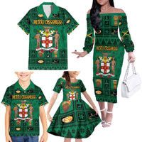 Personalized Jamaica Christmas Family Matching Off The Shoulder Long Sleeve Dress and Hawaiian Shirt Coat Of Arms - Merri Crissmuss - Wonder Print Shop