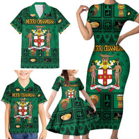 Personalized Jamaica Christmas Family Matching Short Sleeve Bodycon Dress and Hawaiian Shirt Coat Of Arms - Merri Crissmuss - Wonder Print Shop