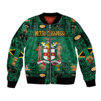 Personalized Jamaica Christmas Sleeve Zip Bomber Jacket Coat Of Arms - Merri Crissmuss - Wonder Print Shop