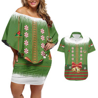 Christmas Costume Elf Couples Matching Off Shoulder Short Dress and Hawaiian Shirt Santa Little Helper Green - Wonder Print Shop