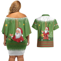 Christmas Costume Elf Couples Matching Off Shoulder Short Dress and Hawaiian Shirt Santa Little Helper Green - Wonder Print Shop