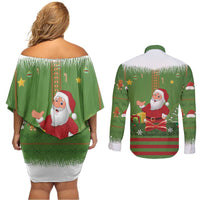 Christmas Costume Elf Couples Matching Off Shoulder Short Dress and Long Sleeve Button Shirt Santa Little Helper Green - Wonder Print Shop