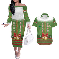 Christmas Costume Elf Couples Matching Off The Shoulder Long Sleeve Dress and Hawaiian Shirt Santa Little Helper Green - Wonder Print Shop