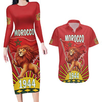 Personalized Morocco Proclamation Day 1944 Couples Matching Long Sleeve Bodycon Dress and Hawaiian Shirt Barbary Lion With Flag - Wonder Print Shop
