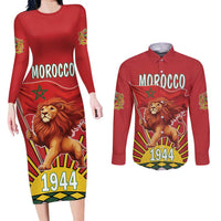 Personalized Morocco Proclamation Day 1944 Couples Matching Long Sleeve Bodycon Dress and Long Sleeve Button Shirt Barbary Lion With Flag - Wonder Print Shop