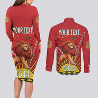 Personalized Morocco Proclamation Day 1944 Couples Matching Long Sleeve Bodycon Dress and Long Sleeve Button Shirt Barbary Lion With Flag - Wonder Print Shop