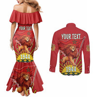 Personalized Morocco Proclamation Day 1944 Couples Matching Mermaid Dress and Long Sleeve Button Shirt Barbary Lion With Flag