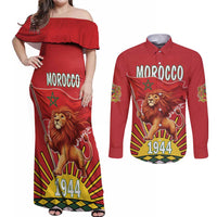 Personalized Morocco Proclamation Day 1944 Couples Matching Off Shoulder Maxi Dress and Long Sleeve Button Shirt Barbary Lion With Flag - Wonder Print Shop