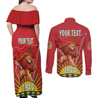 Personalized Morocco Proclamation Day 1944 Couples Matching Off Shoulder Maxi Dress and Long Sleeve Button Shirt Barbary Lion With Flag - Wonder Print Shop