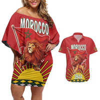 Personalized Morocco Proclamation Day 1944 Couples Matching Off Shoulder Short Dress and Hawaiian Shirt Barbary Lion With Flag - Wonder Print Shop