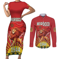 Personalized Morocco Proclamation Day 1944 Couples Matching Short Sleeve Bodycon Dress and Long Sleeve Button Shirt Barbary Lion With Flag - Wonder Print Shop