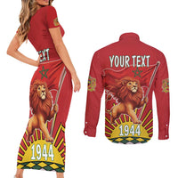Personalized Morocco Proclamation Day 1944 Couples Matching Short Sleeve Bodycon Dress and Long Sleeve Button Shirt Barbary Lion With Flag - Wonder Print Shop