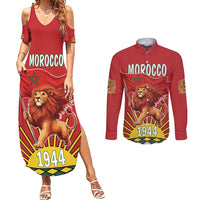 Personalized Morocco Proclamation Day 1944 Couples Matching Summer Maxi Dress and Long Sleeve Button Shirt Barbary Lion With Flag - Wonder Print Shop