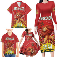 Personalized Morocco Proclamation Day 1944 Family Matching Long Sleeve Bodycon Dress and Hawaiian Shirt Barbary Lion With Flag - Wonder Print Shop