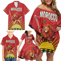 Personalized Morocco Proclamation Day 1944 Family Matching Off Shoulder Short Dress and Hawaiian Shirt Barbary Lion With Flag - Wonder Print Shop