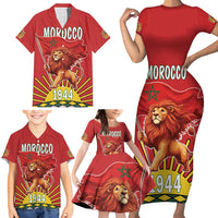 Personalized Morocco Proclamation Day 1944 Family Matching Short Sleeve Bodycon Dress and Hawaiian Shirt Barbary Lion With Flag - Wonder Print Shop