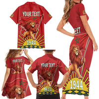 Personalized Morocco Proclamation Day 1944 Family Matching Short Sleeve Bodycon Dress and Hawaiian Shirt Barbary Lion With Flag - Wonder Print Shop