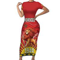 Personalized Morocco Proclamation Day 1944 Family Matching Short Sleeve Bodycon Dress and Hawaiian Shirt Barbary Lion With Flag - Wonder Print Shop