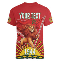 Personalized Morocco Proclamation Day 1944 Women V-Neck T-Shirt Barbary Lion With Flag - Wonder Print Shop