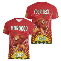 Personalized Morocco Proclamation Day 1944 Women V-Neck T-Shirt Barbary Lion With Flag - Wonder Print Shop