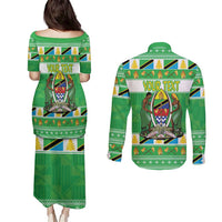 Personalized Tanzania Christmas Couples Matching Puletasi and Long Sleeve Button Shirt Uhuru na Umoja Heri ya Krismasi - Wonder Print Shop