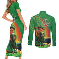 Happy Saint Patrick's Day Couples Matching Short Sleeve Bodycon Dress and Long Sleeve Button Shirt Cheerful Leprechaun Irish Harp