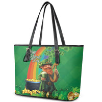 Happy Saint Patrick's Day Leather Tote Bag Cheerful Leprechaun Irish Harp