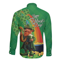 Happy Saint Patrick's Day Long Sleeve Button Shirt Cheerful Leprechaun Irish Harp