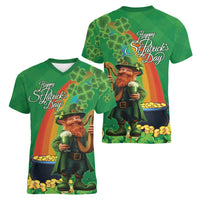 Happy Saint Patrick's Day Women V-Neck T-Shirt Cheerful Leprechaun Irish Harp