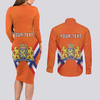 Personalized Netherlands King's Day Couples Matching Long Sleeve Bodycon Dress and Long Sleeve Button Shirt Koningsdag Lion King With Crown