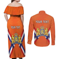 Personalized Netherlands King's Day Couples Matching Off Shoulder Maxi Dress and Long Sleeve Button Shirt Koningsdag Lion King With Crown
