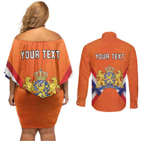 Personalized Netherlands King's Day Couples Matching Off Shoulder Short Dress and Long Sleeve Button Shirt Koningsdag Lion King With Crown