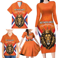 Personalized Netherlands King's Day Family Matching Long Sleeve Bodycon Dress and Hawaiian Shirt Koningsdag Lion King With Crown
