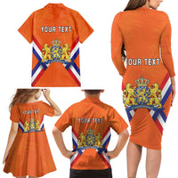 Personalized Netherlands King's Day Family Matching Long Sleeve Bodycon Dress and Hawaiian Shirt Koningsdag Lion King With Crown