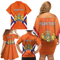 Personalized Netherlands King's Day Family Matching Off Shoulder Short Dress and Hawaiian Shirt Koningsdag Lion King With Crown
